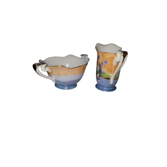 Noritake "M" Series 1930's Fine China Tropical Blue & Gold Trim Sugar & Creamer - Picture 7 of 9